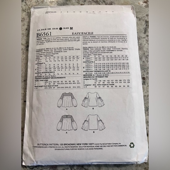 🍄3 for $20 Butterick Lisette B 6561 uncut women’s blouse size 14–22 - Picture 2 of 2